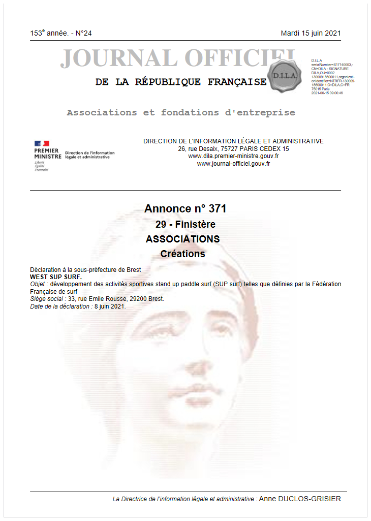 Parution de la création de l'association West SUP Surf au journal officiel